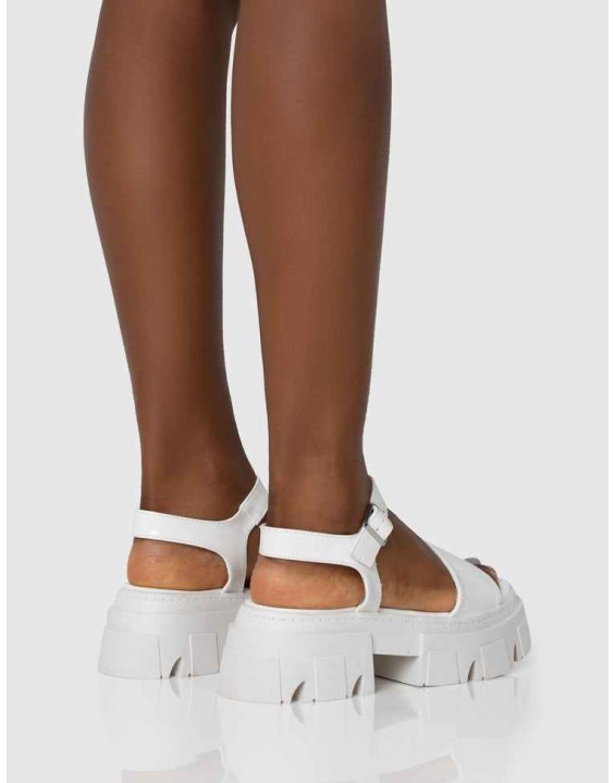 Athens White Patent Round Toe Chunky Flat Sandals