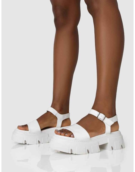 Athens White Patent Round Toe Chunky Flat Sandals