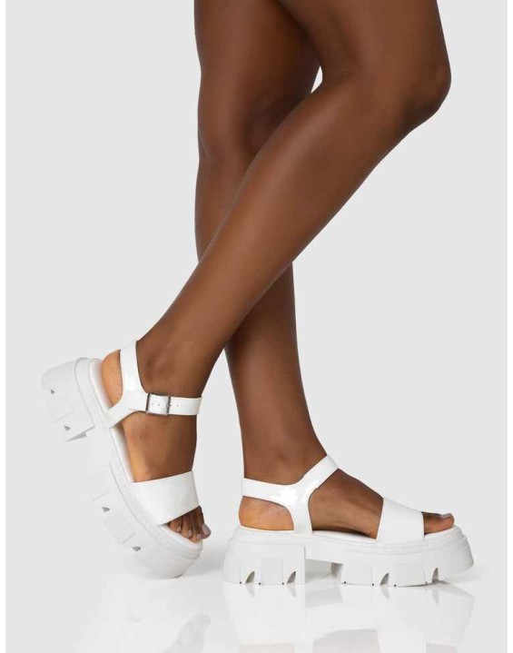 Athens White Patent Round Toe Chunky Flat Sandals