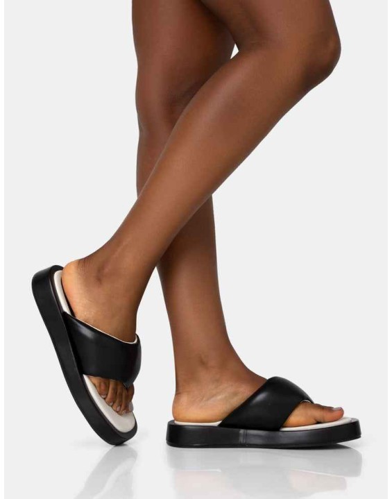 Vacay Black Contrast Padded Square Toe Flip Flop Sandals
