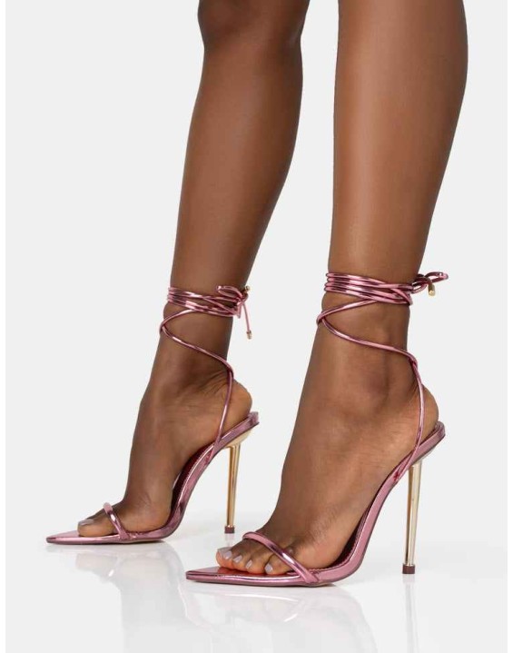 Look Back Pink Metallic Pointed Toe Lace Up Gold Stiletto Heels