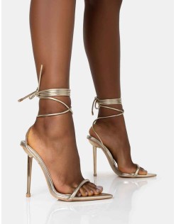 Look Back Wide Fit Gold Metallic Pointed Toe Lace Up Stiletto Heels
