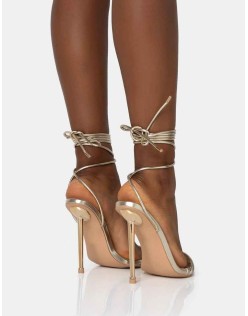 Look Back Wide Fit Gold Metallic Pointed Toe Lace Up Stiletto Heels
