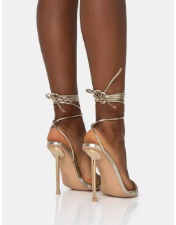 Look Back Wide Fit Gold Metallic Pointed Toe Lace Up Stiletto Heels