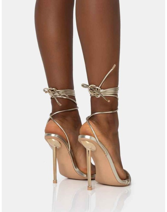 Look Back Wide Fit Gold Metallic Pointed Toe Lace Up Stiletto Heels