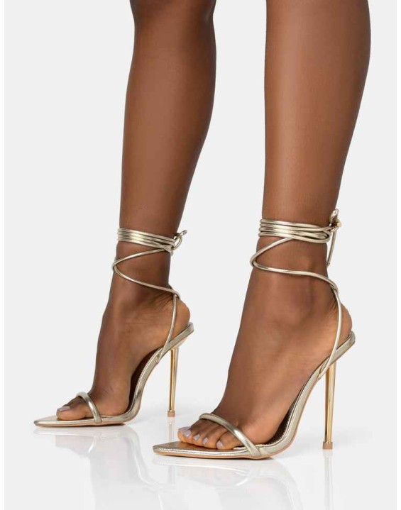 Look Back Wide Fit Gold Metallic Pointed Toe Lace Up Stiletto Heels