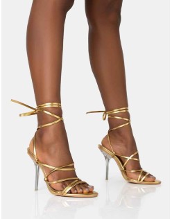 Nobu Gold Lace Up Round Toe Perspex Stiletto Heels