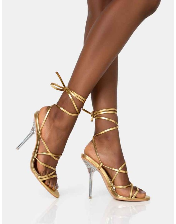Nobu Gold Lace Up Round Toe Perspex Stiletto Heels