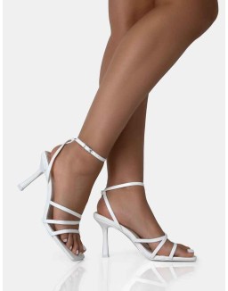 Mademoiselle White Pu Strappy Square Toe Mid Stiletto Heels