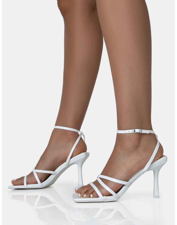 Mademoiselle White Pu Strappy Square Toe Mid Stiletto Heels
