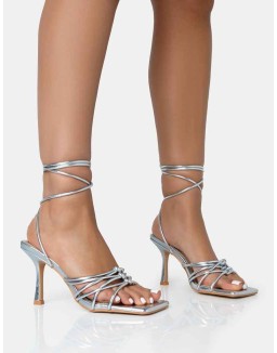 Keri Silver Metallic PU Strappy Lace Up Mid Heels