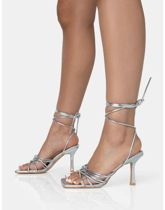 Keri Silver Metallic PU Strappy Lace Up Mid Heels