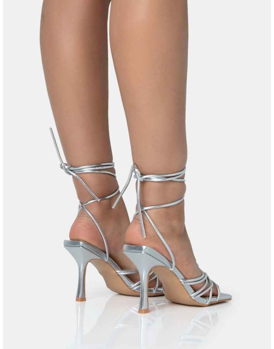 Keri Silver Metallic PU Strappy Lace Up Mid Heels