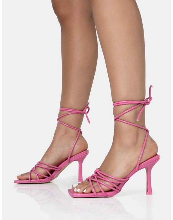 Keri Pink Patent Strappy Lace Up Mid Heels