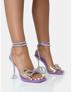 Glimmer Purple Patent Wrap Around Diamante Bow Square Toe Heels