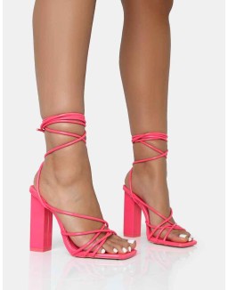 Nyla Pink Patent Strappy Lace Up Square Toe Block Heels