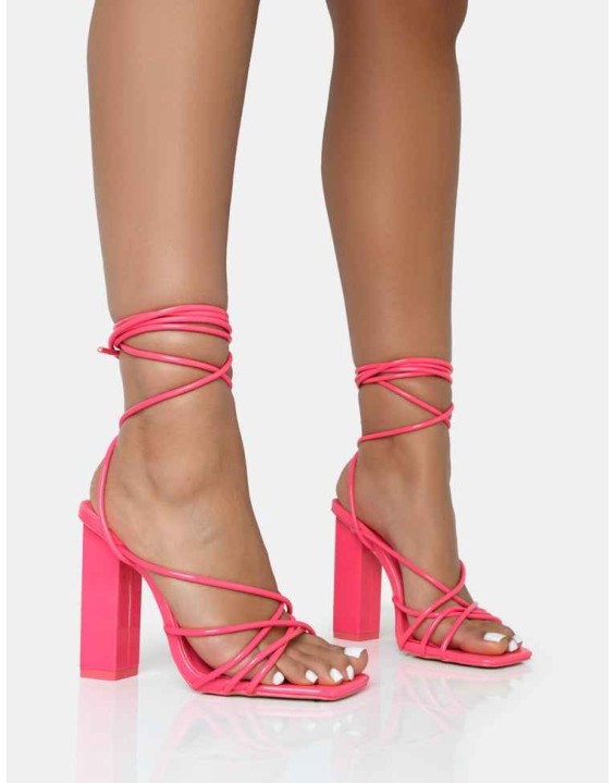 Nyla Pink Patent Strappy Lace Up Square Toe Block Heels