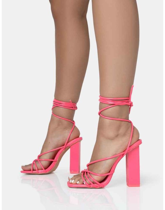Nyla Pink Patent Strappy Lace Up Square Toe Block Heels