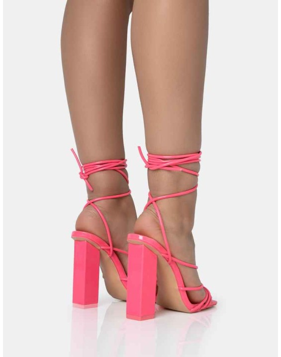 Nyla Pink Patent Strappy Lace Up Square Toe Block Heels