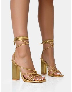 Nyla Gold Strappy Lace Up Square Toe Block Heels