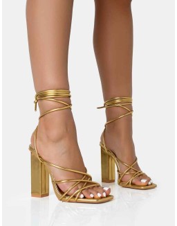 Nyla Gold Strappy Lace Up Square Toe Block Heels