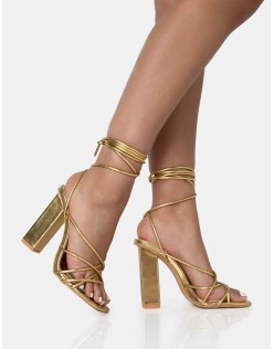 Nyla Gold Strappy Lace Up Square Toe Block Heels