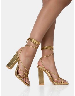 Nyla Gold Strappy Lace Up Square Toe Block Heels