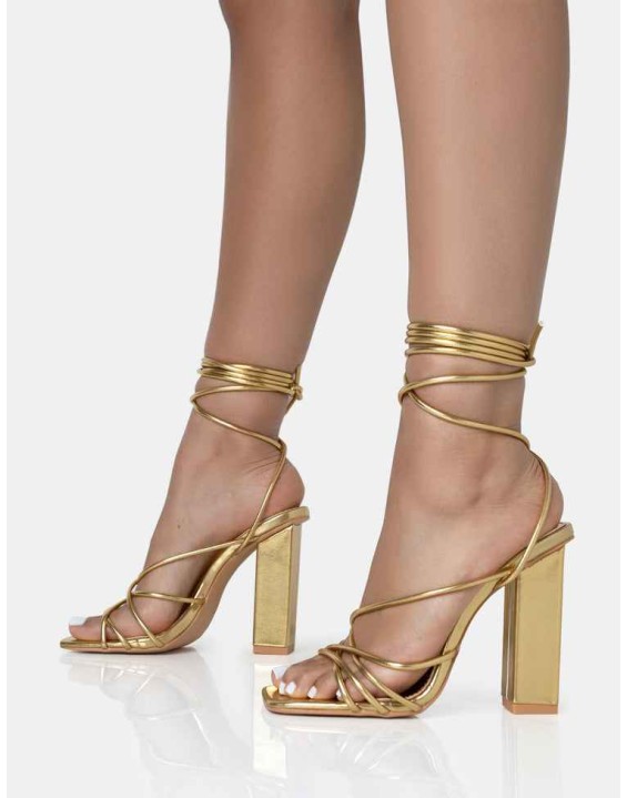 Nyla Gold Strappy Lace Up Square Toe Block Heels