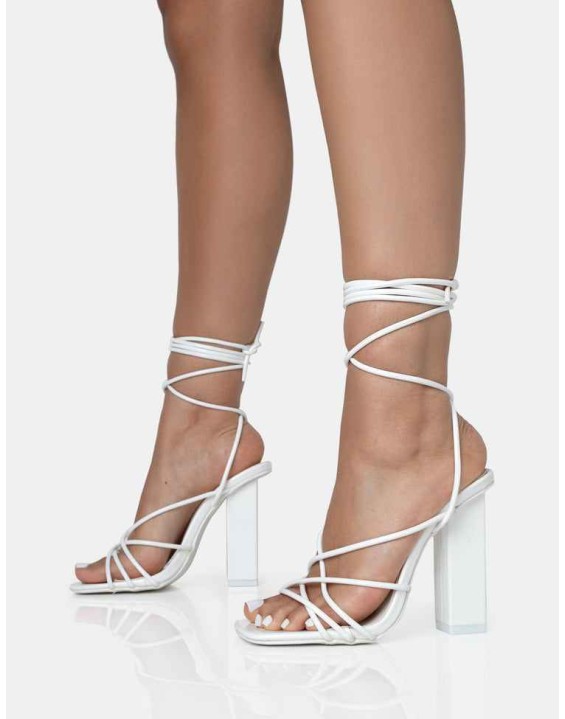 Nyla Wide Fit White Patent Strappy Lace Up Square Toe Block Heels