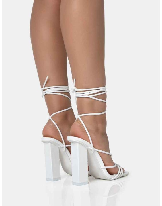 Nyla Wide Fit White Patent Strappy Lace Up Square Toe Block Heels