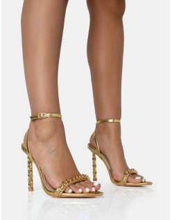 Link Up Gold Barely There Pointed Toe Stiletto Chain Heels