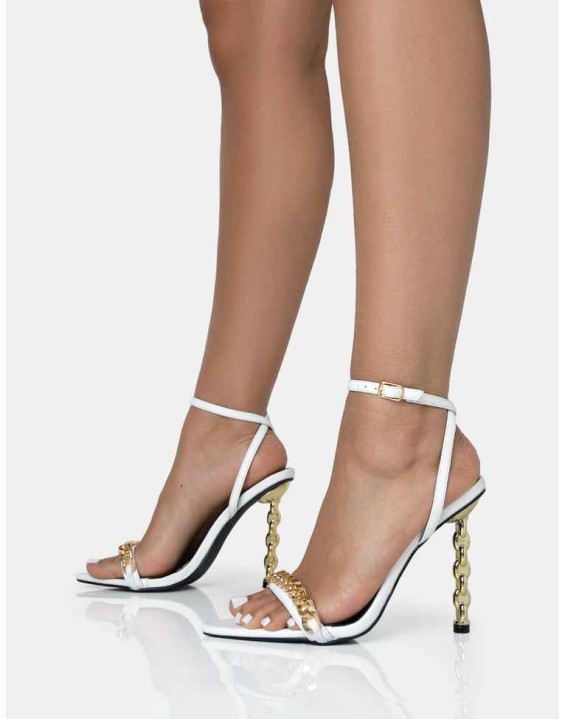 Link Up White Barely There Pointed Toe Stiletto Chain Heels