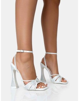 Opulence White Pu Diamante Strappy Square Toe Flared Block Heels