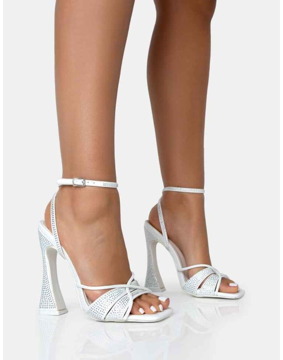 Opulence White Pu Diamante Strappy Square Toe Flared Block Heels