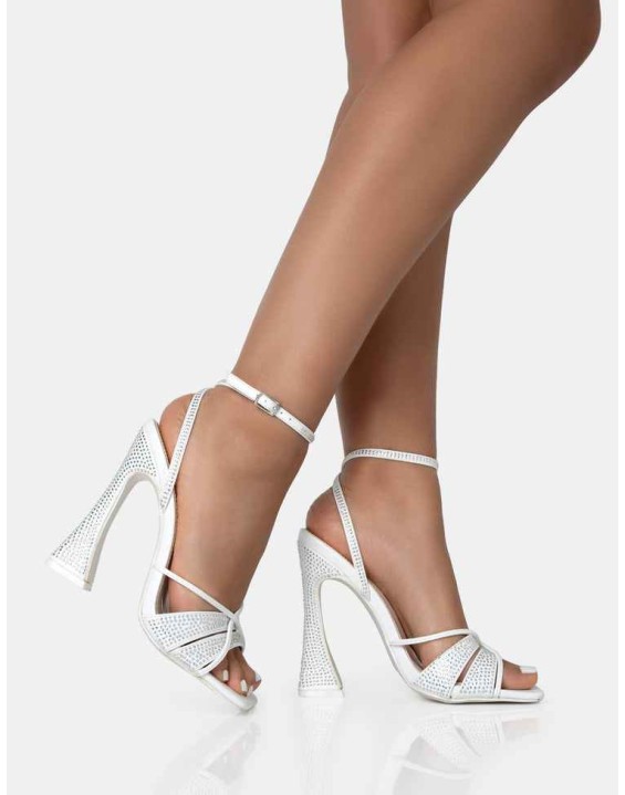 Opulence White Pu Diamante Strappy Square Toe Flared Block Heels