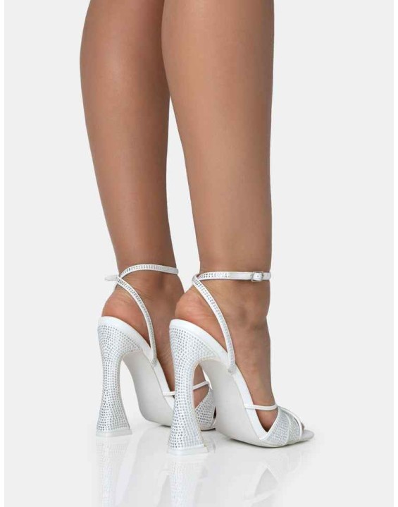 Opulence White Pu Diamante Strappy Square Toe Flared Block Heels
