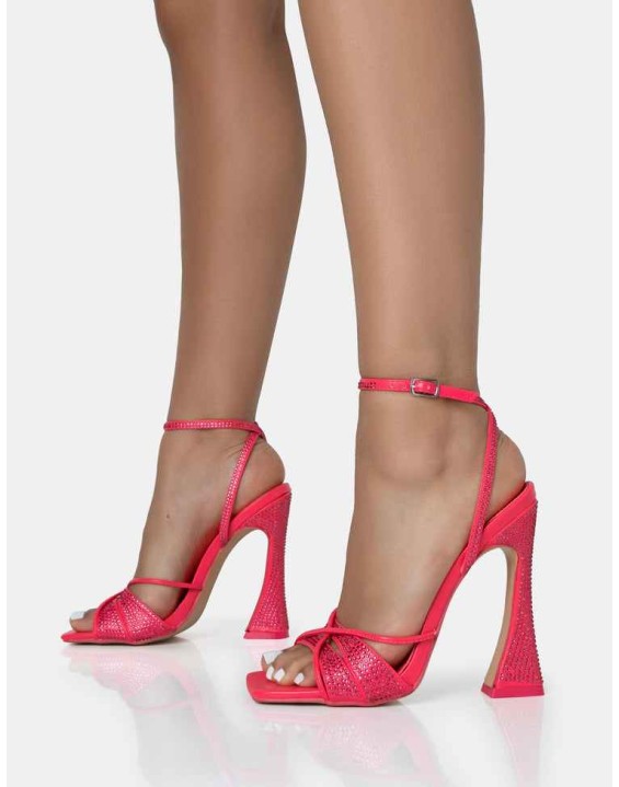 Opulence Hot Pink PU Diamante Strappy Square Toe Flared Block Heels