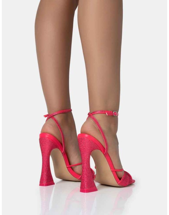 Opulence Hot Pink PU Diamante Strappy Square Toe Flared Block Heels