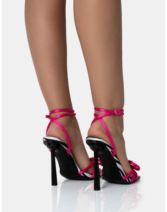 Love Games Zebra Print & Pink Satin Wrap Around Bow Square Toe Sitlleto Heels