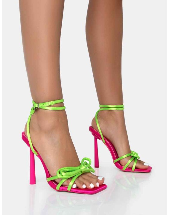 Love Games Pink & Lime Satin Wrap Around Bow Square Toe Sitlleto Heels