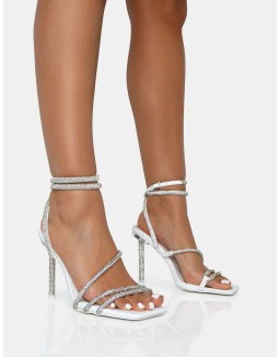 Clueless White Strappy Square Toe Diamante Heels