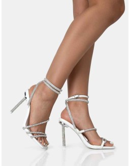 Clueless White Strappy Square Toe Diamante Heels