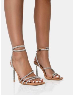 Clueless Nude Strappy Square Toe Diamante Heels