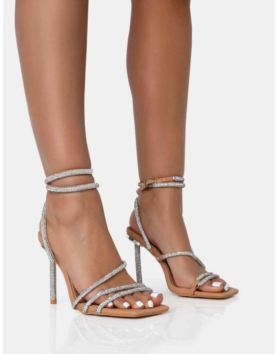 Clueless Nude Strappy Square Toe Diamante Heels