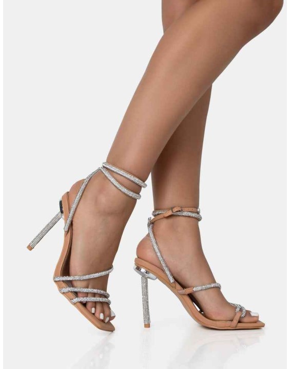 Clueless Nude Strappy Square Toe Diamante Heels