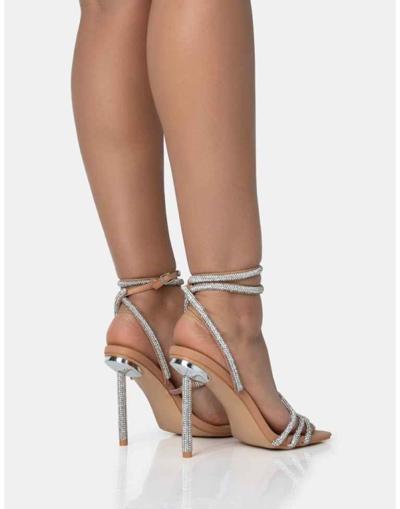 Clueless Nude Strappy Square Toe Diamante Heels