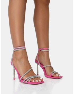 Clueless Pink Strappy Square Toe Diamante Heels