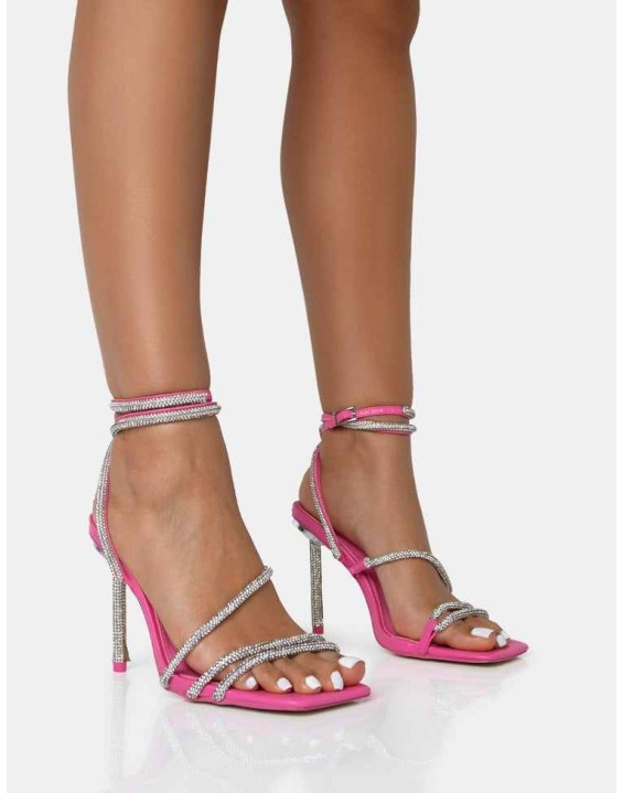 Clueless Pink Strappy Square Toe Diamante Heels
