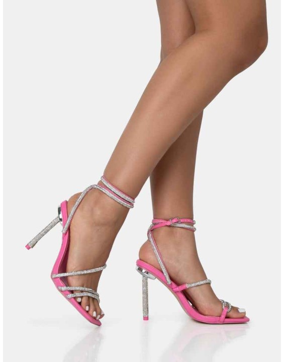 Clueless Pink Strappy Square Toe Diamante Heels