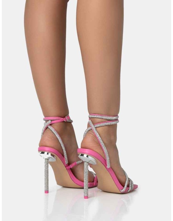 Clueless Pink Strappy Square Toe Diamante Heels